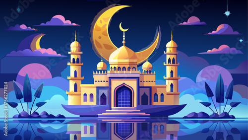 Cartoon mosque with crescent moon at night on transparent background