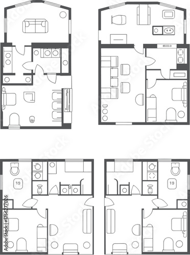Residential unit floor plans, multi-layout apartment blueprint, interior space design, vector CAD drawing, flat illustration, modern housing concept