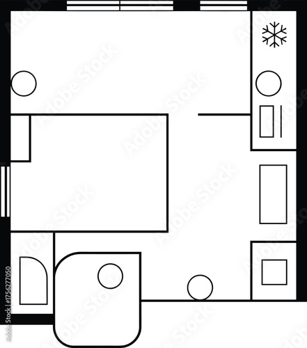 Compact studio floor plan, hotel room layout blueprint, interior space design, vector CAD drawing, flat illustration, minimalist living concept