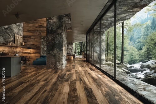 Wallpaper Mural Large, open room with a fireplace and a view of a river. The room is filled with natural light and has a modern Torontodigital.ca