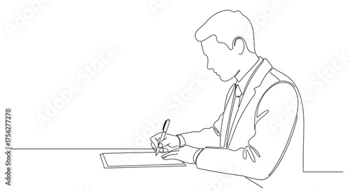 Man in Suit Writing on Paper with Pen.