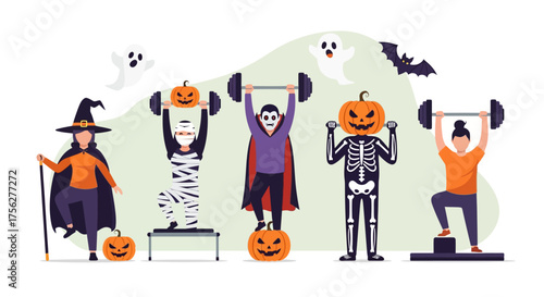 Spooky Halloween characters exercising with weights and barbells.