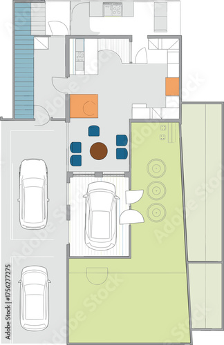Residential house floor plan, garage layout blueprint, interior space design, vector CAD drawing, flat illustration, modern home arrangement concept