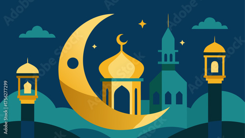 Illustration of islamic crescent and mosque on transparent background