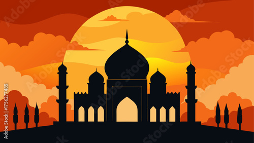 Silhouette of mosque at sunset landscape on transparent background