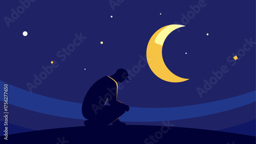 Silhouette man under crescent moon at night on transparent background