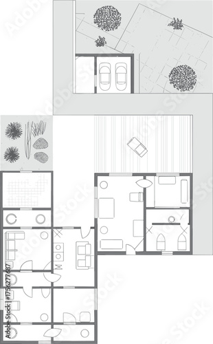 Residential house floor plan, indoor outdoor layout, driveway and garden design, CAD drawing, flat vector illustration, home blueprint