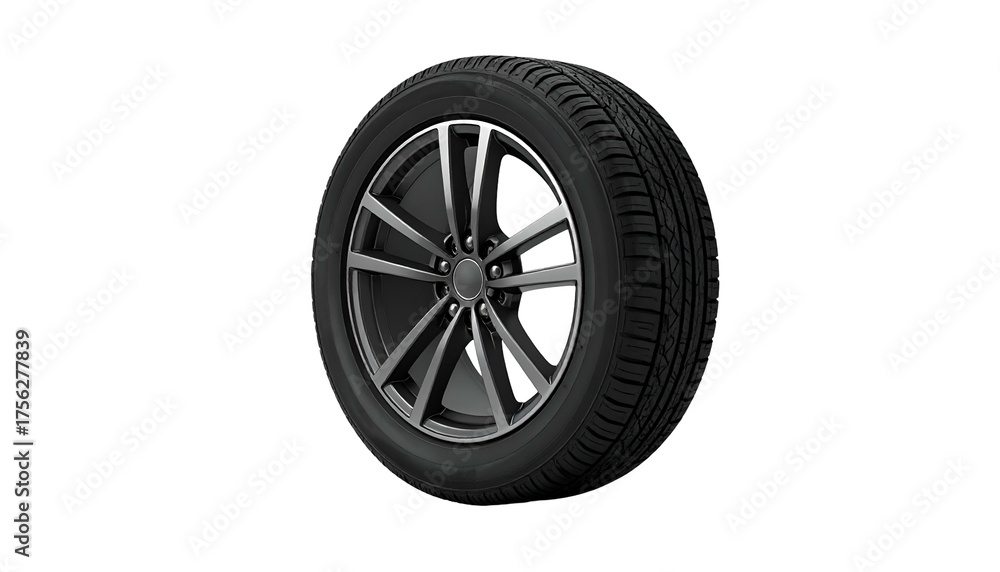Obraz premium Modern car wheel with silver spokes and a black tire, set against a black background