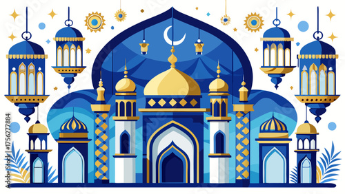 Illustration of a mosque with lanterns art on transparent background