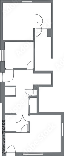 Architectural layout plan, residential building blueprint, interior space design, vector CAD drawing, flat illustration, room arrangement, minimalist structure