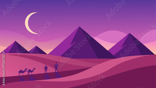 Pyramids and camels in desert at night on transparent background