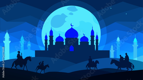 Illustration of mosque and riders at night on transparent background