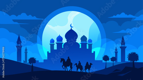 Silhouette of mosque at night with riders on transparent background