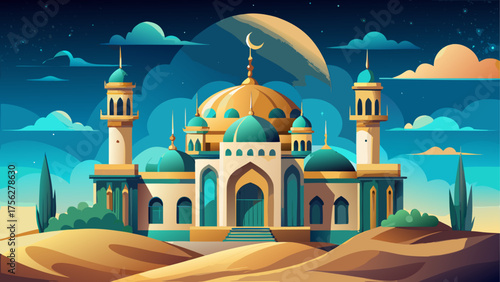 Illustration of a mosque at night time on transparent background