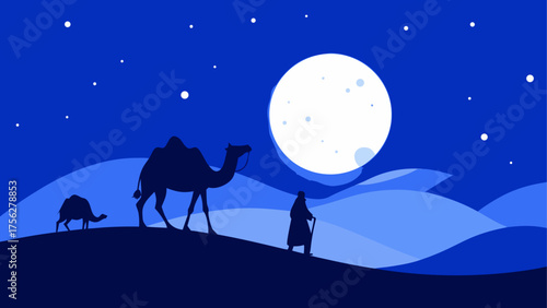 Camels and man under moonlight at night on transparent background