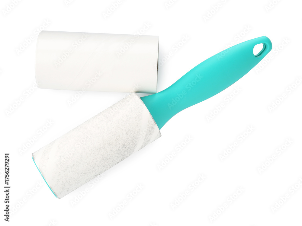 Obraz premium Lint roller with used sticky tape and adhesive roll isolated on white, top view