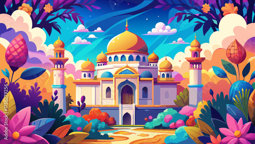 Illustration of a mosque with floral scene on transparent background