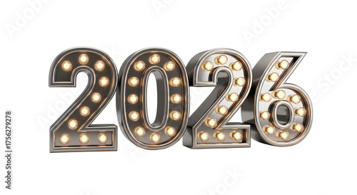 Illuminated 2026 sign isolated on transparent background