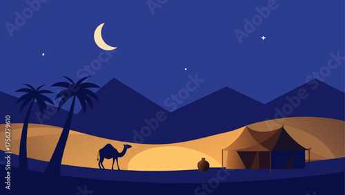 A desert scene at night with camel and tent on transparent background