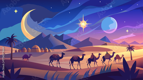 Camels walking in desert under night sky on transparent background