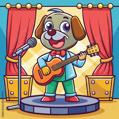 A dog musician singing and playing guitar on stage with energy and confidence.