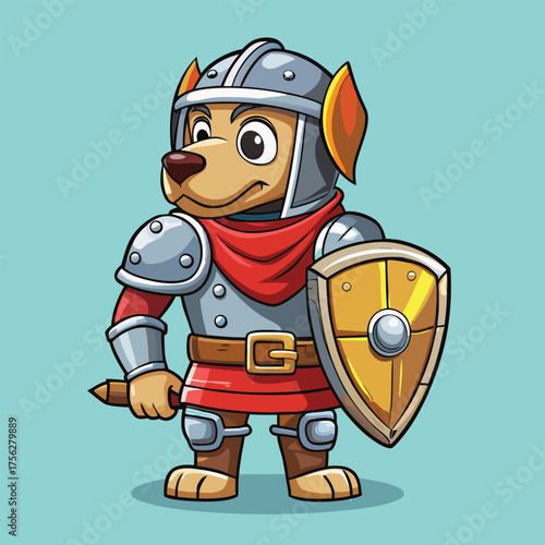 A dog knight wearing armor and holding a shield, standing bravely with a heroic presence.
