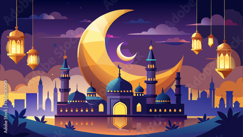 Eid mubarak illustration with mosque view on transparent background