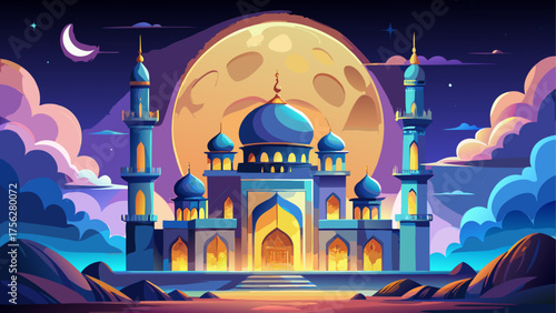 Cartoon mosque with moon and cloudy sky on transparent background