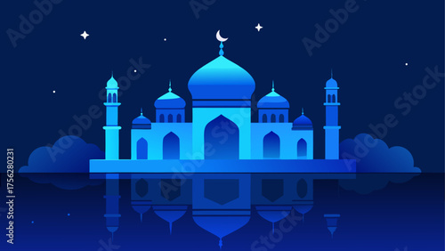 Blue mosque with stars and moon scenery on transparent background