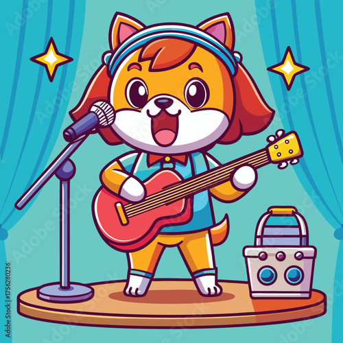A dog playing guitar and singing passionately on stage, performing like a confident musician.