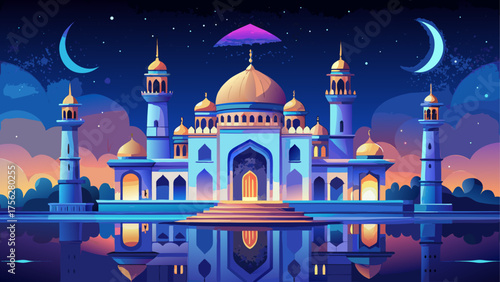 Cartoon mosque with moon and star night sky on transparent background