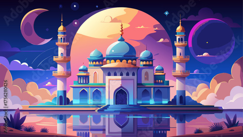 Illustration of a mosque at night scenery on transparent background
