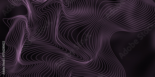 Neowave Line Background. Futuristic Abstract Concept. Neon Wave Abstract Background – Fluid Lines on Dark Gradient. Magenta, Green, Yellow twisting lines on black background.