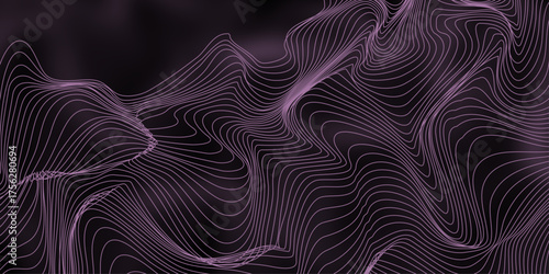 Neowave Line Background. Futuristic Abstract Concept. Neon Wave Abstract Background – Fluid Lines on Dark Gradient. Magenta, Green, Yellow twisting lines on black background.