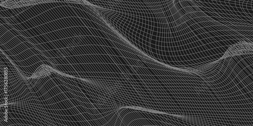 Neowave Line Background. Futuristic Abstract Concept. Neon Wave Abstract Background – Fluid Lines on Dark Gradient. Magenta, Green, Yellow twisting lines on black background.