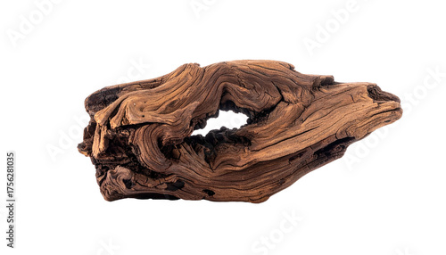 Highly textured, detailed piece of wood with knots and a dark interior. Isolated on black