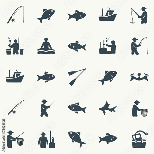Collection of fishing icons representing various aspects of angling and seafood