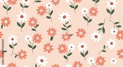 Cute seamless pattern of small daisy flowers on a peach background