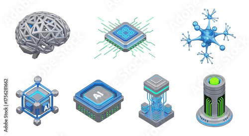Isometric AI Brain Circuitry Elements Artificial Intelligence Technology Icons