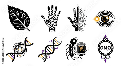 Science and Technology Icons Leaf, Hand, Eye, DNA, and More in Artistic Vector Design