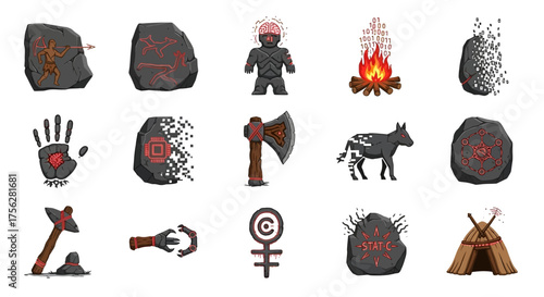 A collection of primitive tribal icons depicting stone age life, including magic runes, ancient petroglyphs, and neolithic tools