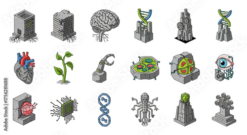 A collection of isometric pixel art icons representing futuristic biotechnology, cybernetics, and science fiction themes