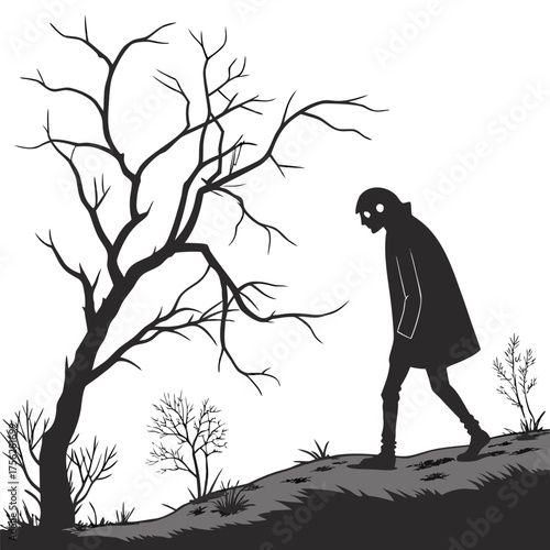Eerie Silhouette of a Person Walking on a Hill with Bare Trees in Black and White Minimalist Design