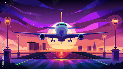 Airplane flying over city at sunset time on transparent background