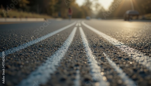 Wallpaper Mural Close up view of asphalt road with white lane markings and blurred background of trees and sunlight Torontodigital.ca