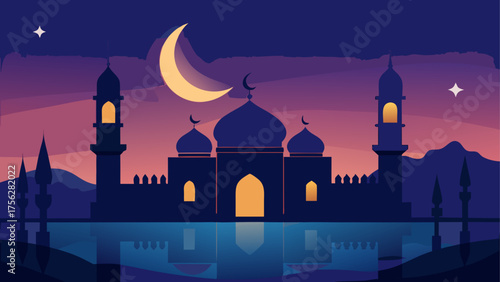 Silhouette of mosque against night sky on transparent background