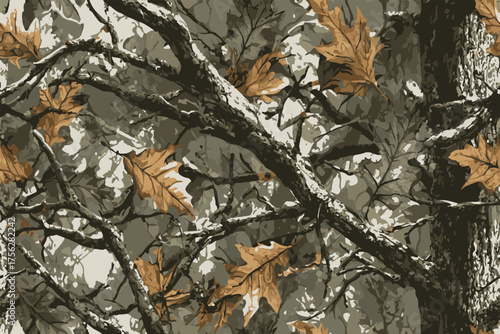 An ultra-realistic camouflage pattern inspired by the forest, incorporating intricate details of tree branches and foliage for use in hunting camouflage design.Hunting camouflage used for military.