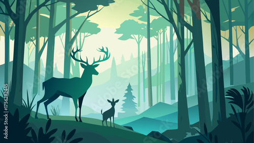 Deer and fawn silhouette in forest view