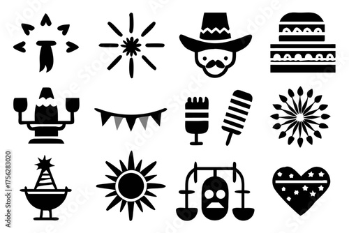 Collection of black and white party related icons