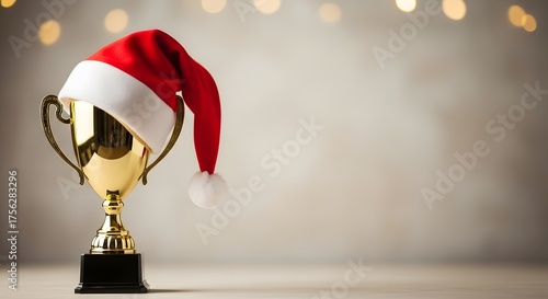 Golden trophy wearing a santa hat with festive bokeh lights